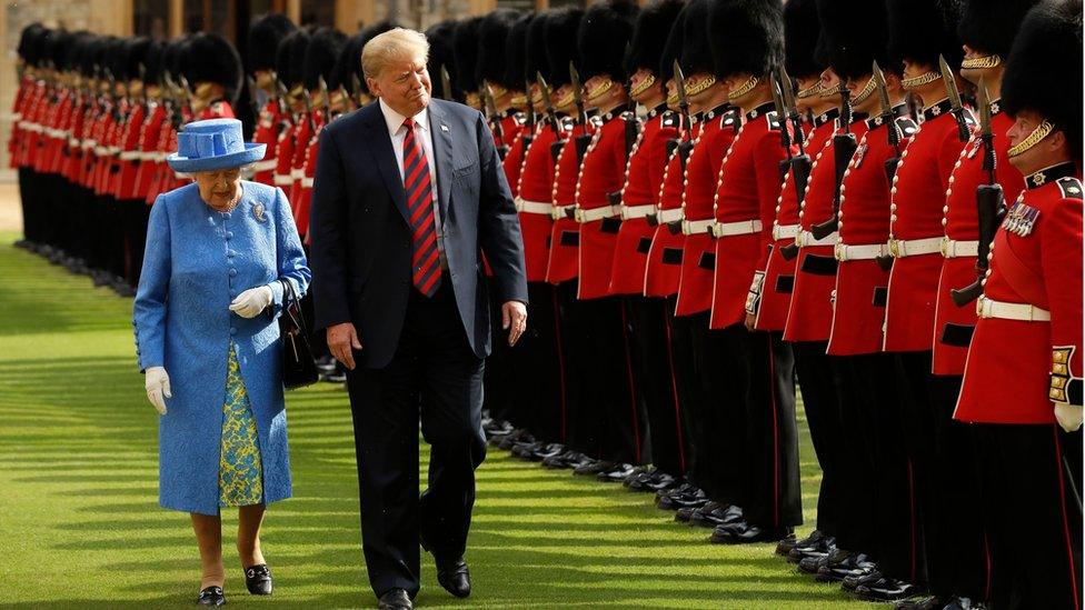 The Queen and President Trump inspect troops during his 2018 visit