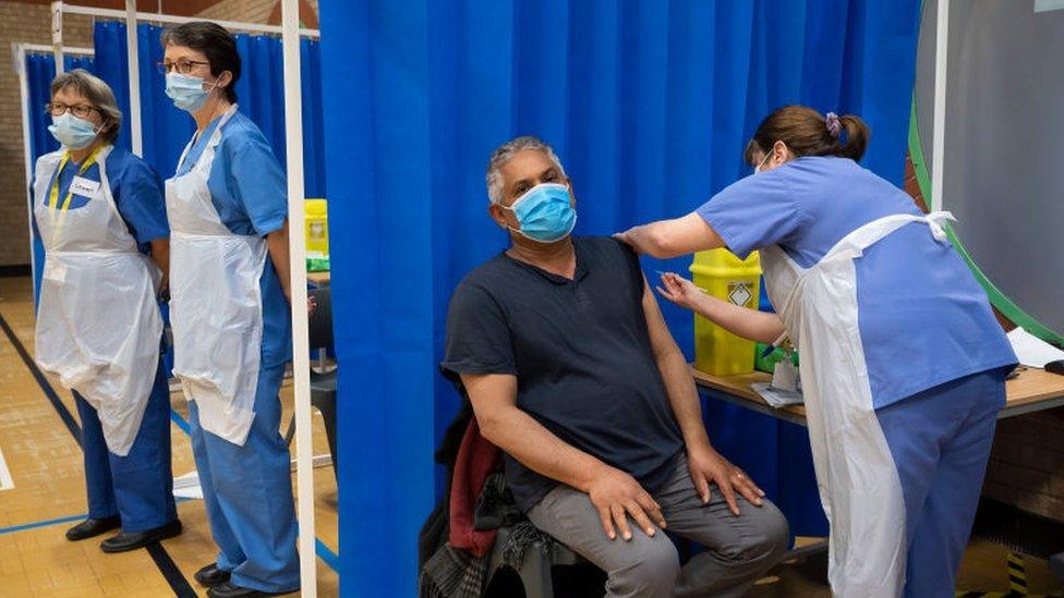 Doses being given at a mass vaccination centre in Barry, Vale of Glamorgan