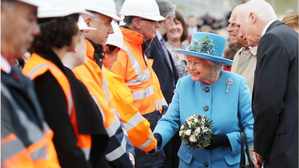 The Queen meets construction workers during the official opening ceremony for the Queensferry Crossing in 2017