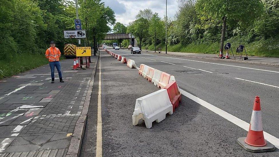 Pop-up cycle lane on Saffron Lane in Leicester