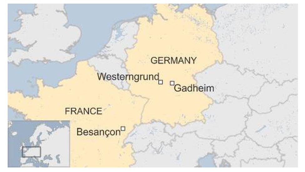 Map showing Besancon in France, Westerngrund and Gadheim in Germany