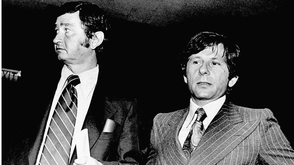 Film Director Roman Polanski (right), and his attorney Douglas Dalton in court in Santa Monica, California (9 Aug 1977)