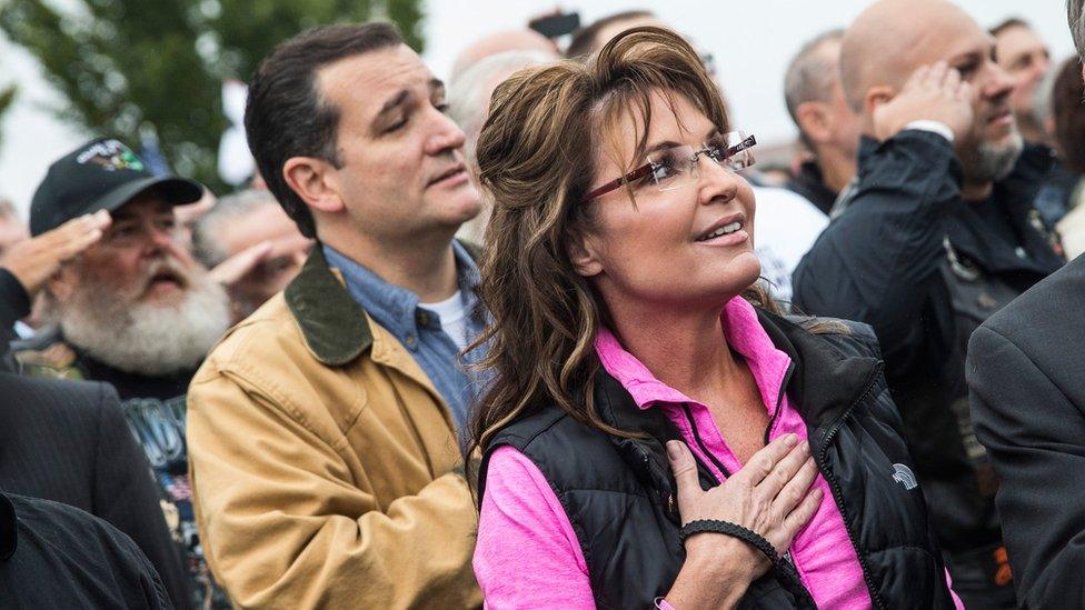 Ted Cruz and Sarah Palin recite the Pledge of Allegiance in Washington, DC.