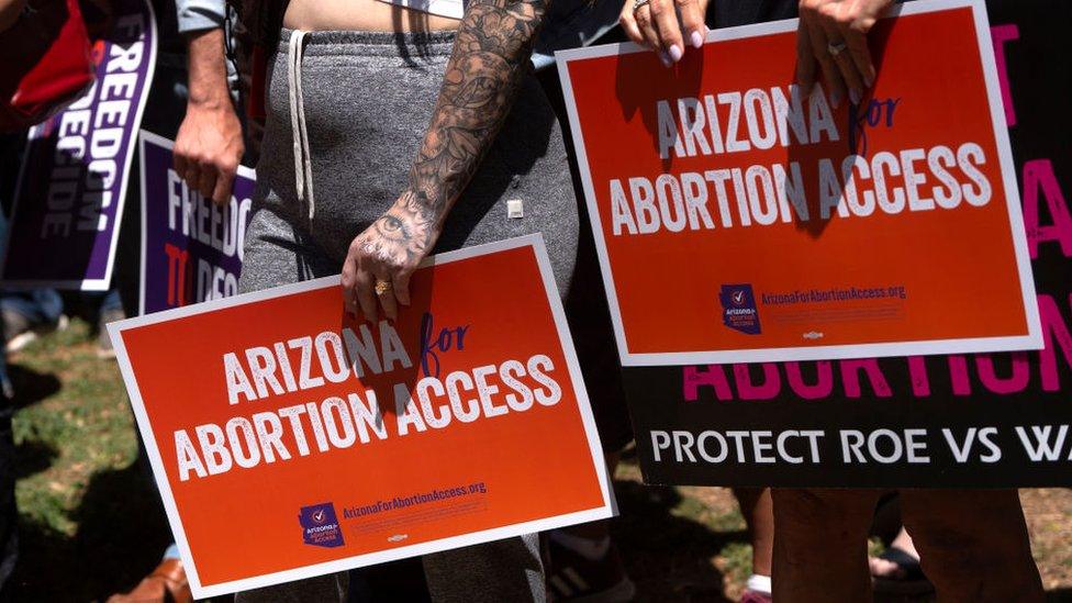 Members of Arizona for Abortion Access, the ballot initiative to enshrine abortion rights in the Arizona State Constitution, hold a press conference and protest condemning Arizona House Republicans and the 1864 abortion ban during a recess from a legislative session at the Arizona House of Representatives on April 17, 2024 in Phoenix, Arizona