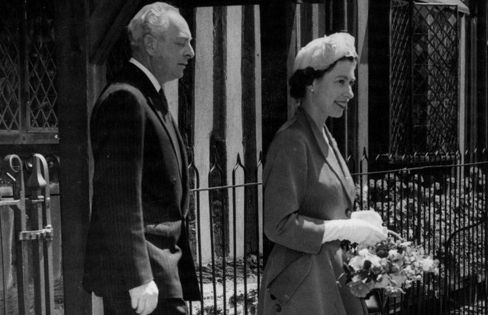 Queen Elizabeth II leaving the birthplace of Shakespeare with Sir Fordham Flower during a visit to Stratford-upon-Avon in 1957