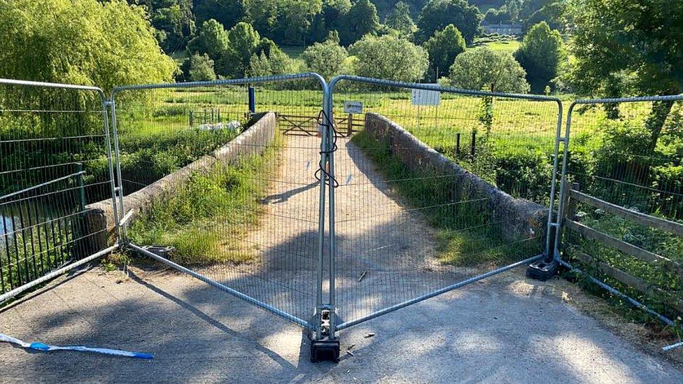 The fenced-off entrance to Warleigh Weir