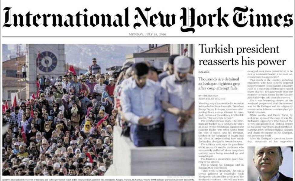 Front page of International New York Times newspaper