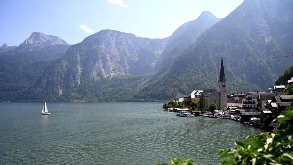 Hallstatt view, old town infront of mountains