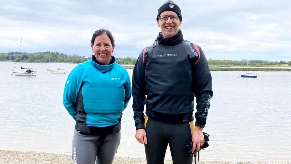 Kevin Ward with Lucia Hardwick in sailing outfits at Waldringfield