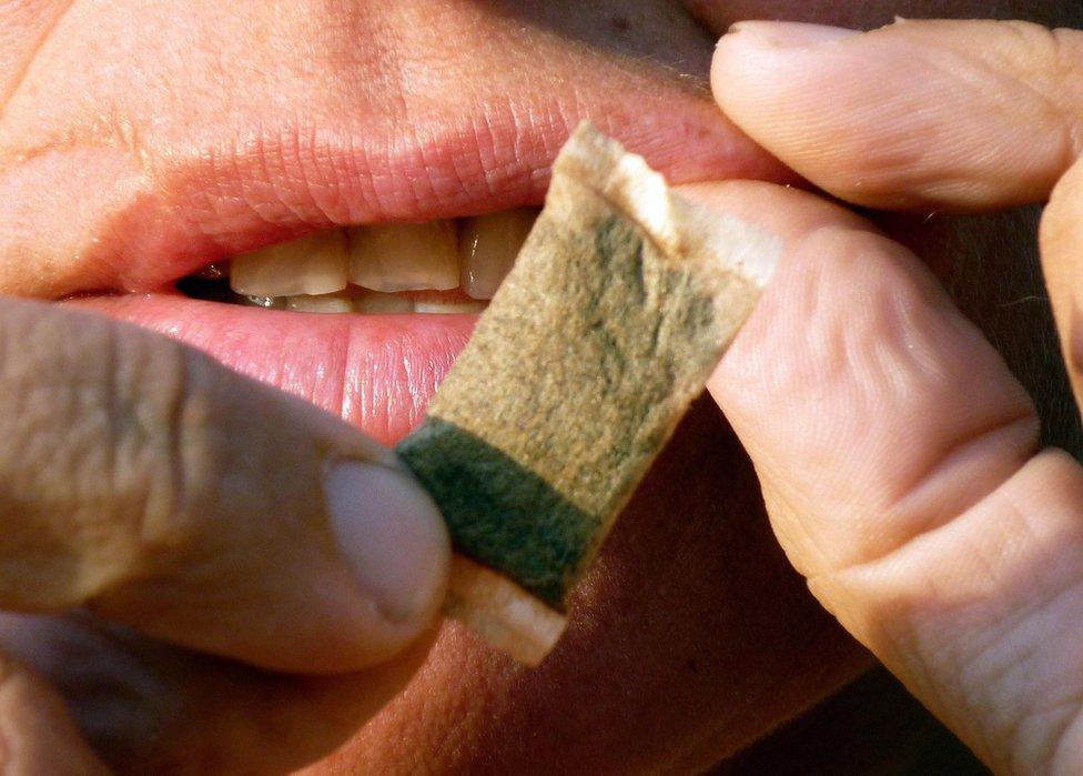 A woman shows portions of snus, a moist powder tobacco product that is consumed by placing it under the lip.