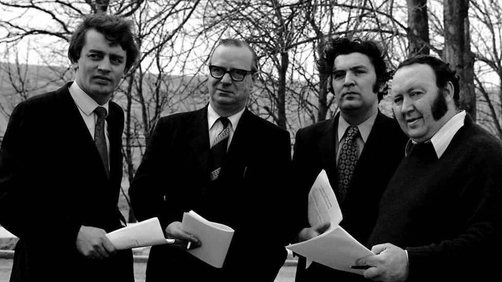 Austin Currie with fellow SDLP members Gerry Fitt, John Hume and Paddy Devlin