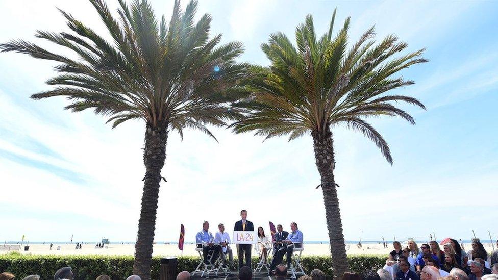 LA Mayor Eric Garcetti addresses the crowds in Santa Monica