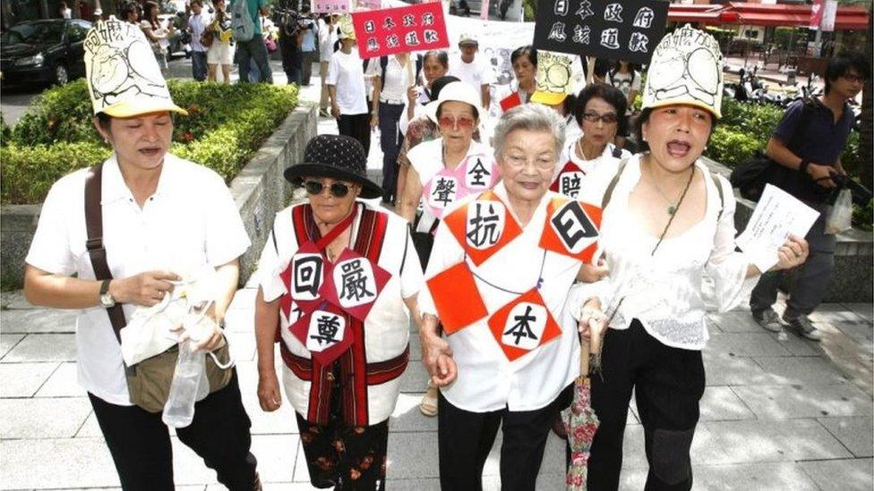 An undated handout photo made available by the Taipei Women"s Rescue Foundation on 28 December 2015 shows former Taiwan comfort women protesting outside Japan"s representative office in Taipei, Taiwan.