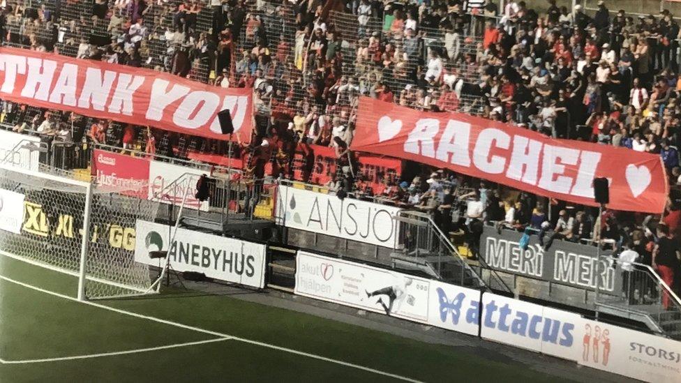 A 'thank you Rachel' banner held by the Ostersunds fans