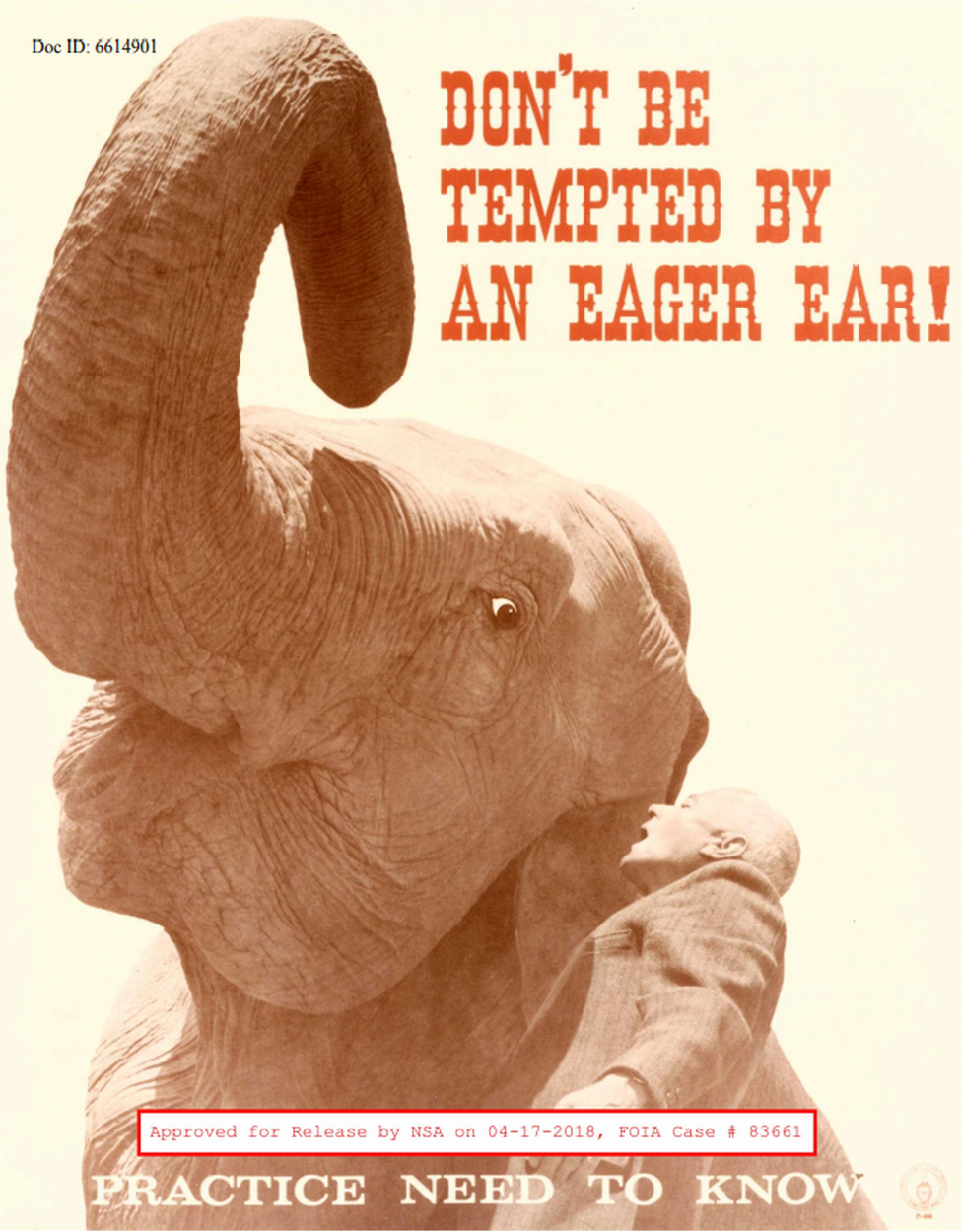 "Don't be tempted by an eager ear" - a elephant features in an NSA poster