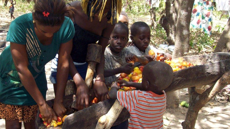 Family working with cashew nuts in Guinea-Bissau