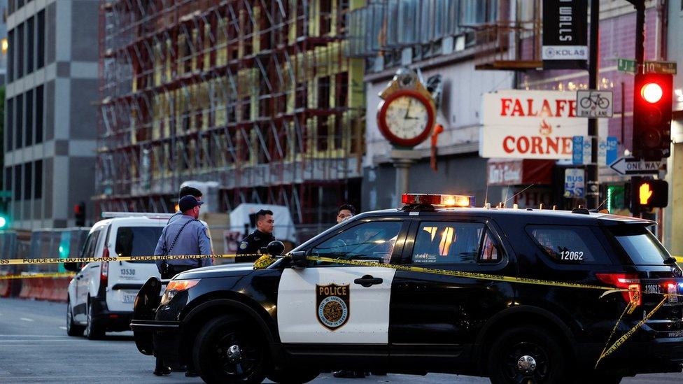 Police car in Sacramento after shooting, 3 April