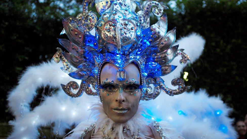 A participant wears elaborate make-up and headdress during the annual Sydney Gay and Lesbian Mardi Gras festival in Sydney, Australia March 4, 2017.