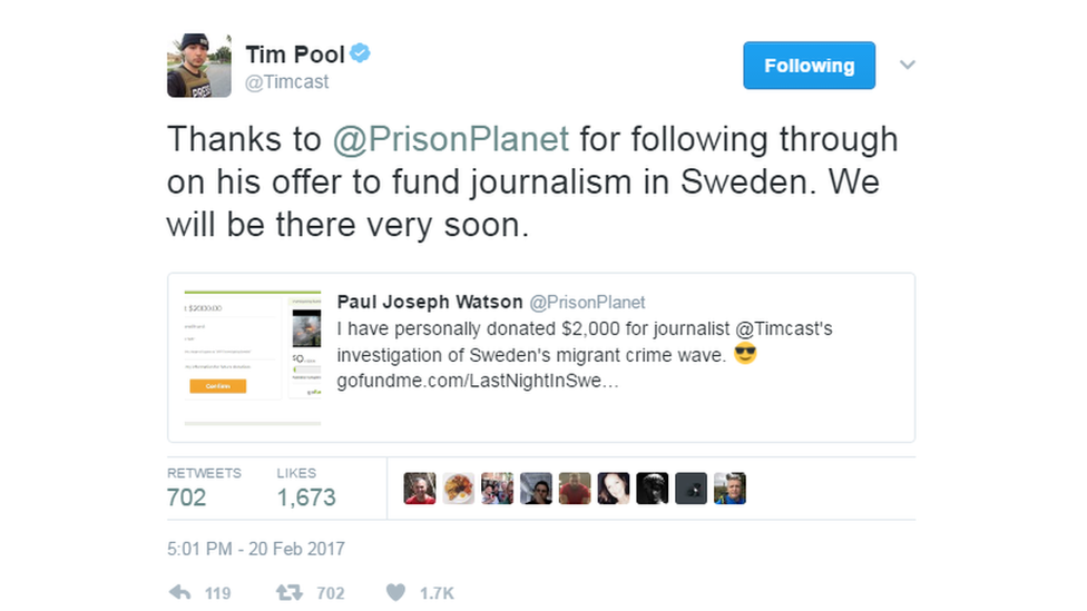 @Timcast tweeted: "Thanks to @PrisonPlanet for following through on his offer to fund journalism in Sweden. We will be there very soon".