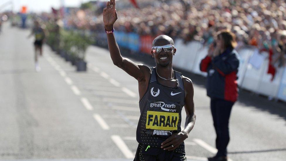 Mo Farah celebrates Alan Shearer style