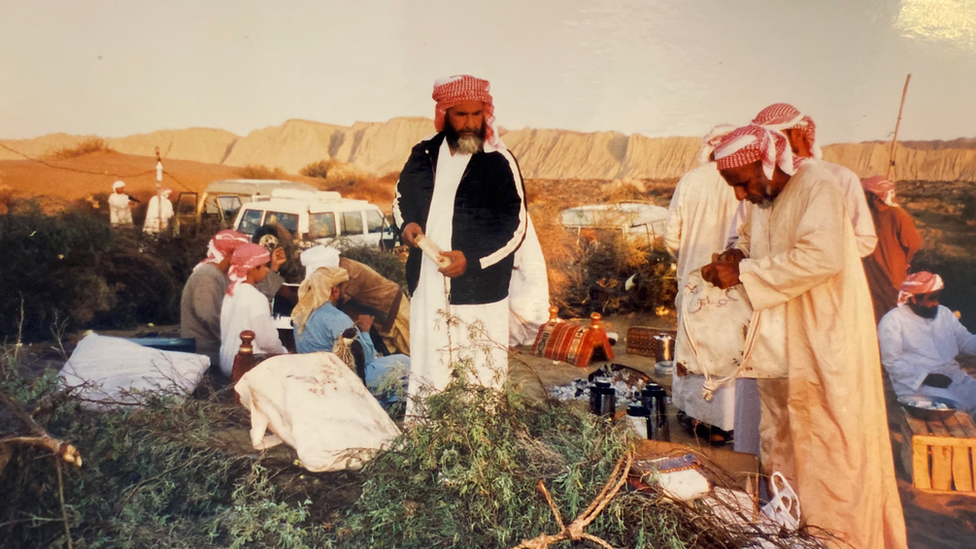 Sheikh Bin Suroor's party preparing to cook houbara bustards in the late 1980s