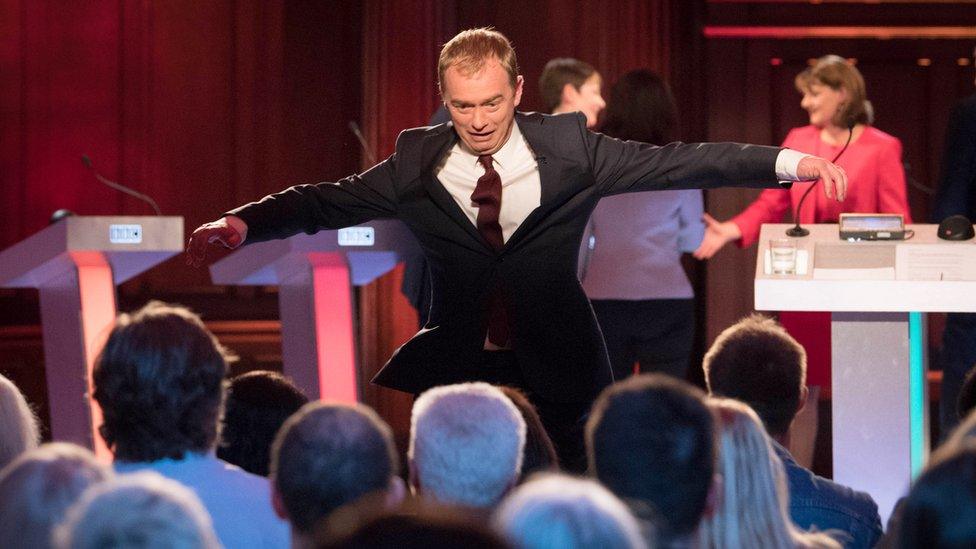 Tim Farron, Liberal Democrat Leader jumping off stage