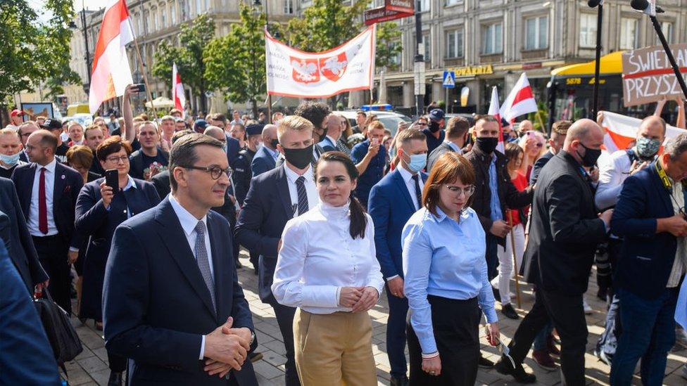 Poland's Prime Minister Mateusz Morawiecki pictured with the leader of the Belarusian opposition, Svetlana Tikhanovskaya