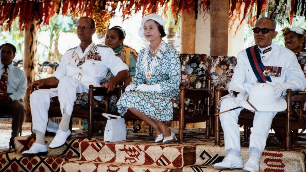 The Queen and the Duke in the Vaiaku maneapa (meeting house) of Funfuti in Tuvalu in 1982 during the Royal Tour of the South Pacific.