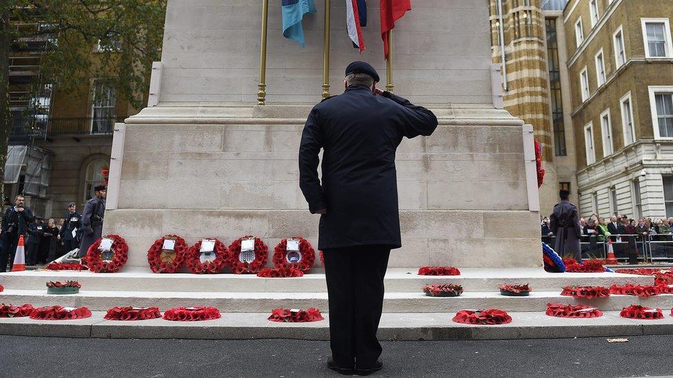 A soldier saluting at the Cenotaph in Whitehall, London