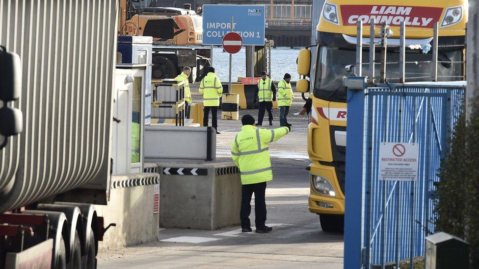 DAERA port inspection staff are seen watching freight exiting the Cairnryan to Larne ferry on February 10, 2021 in Larne, Northern Ireland.