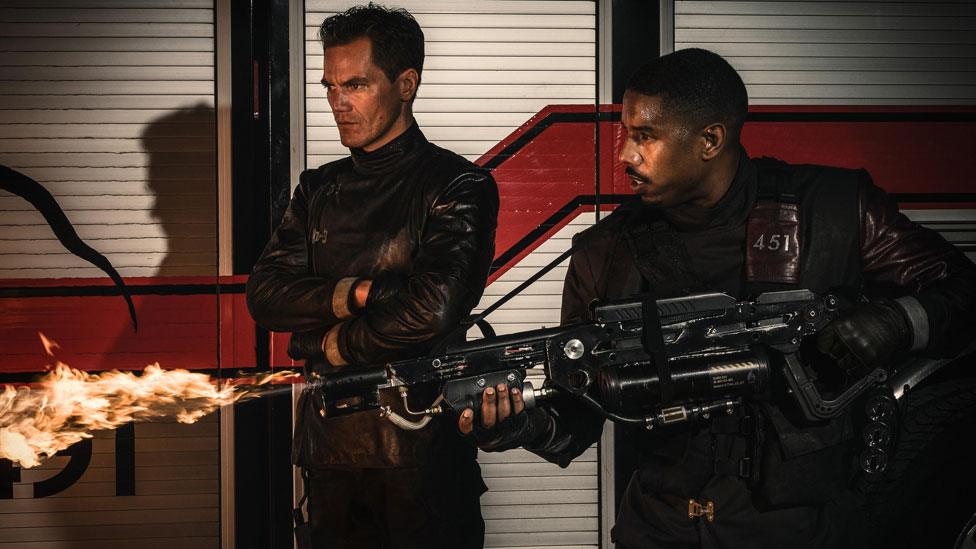 Michael B Jordan and Michael Shannon in Fahrenheit 451