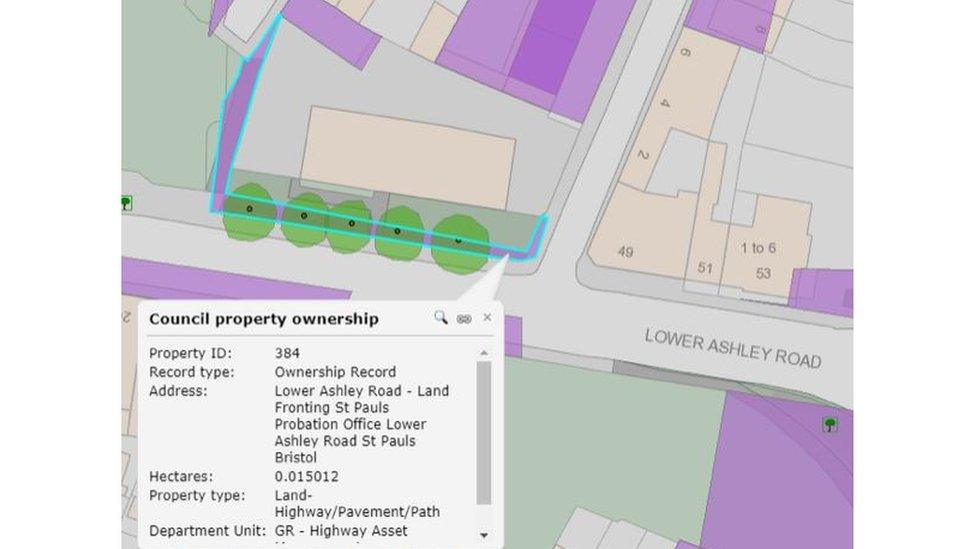 Map showing a strip of land owned by Bristol City Council marked in blue