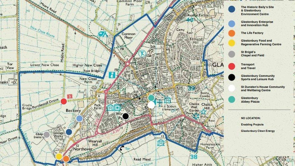 a map of glastonbury showing the locations of new developments