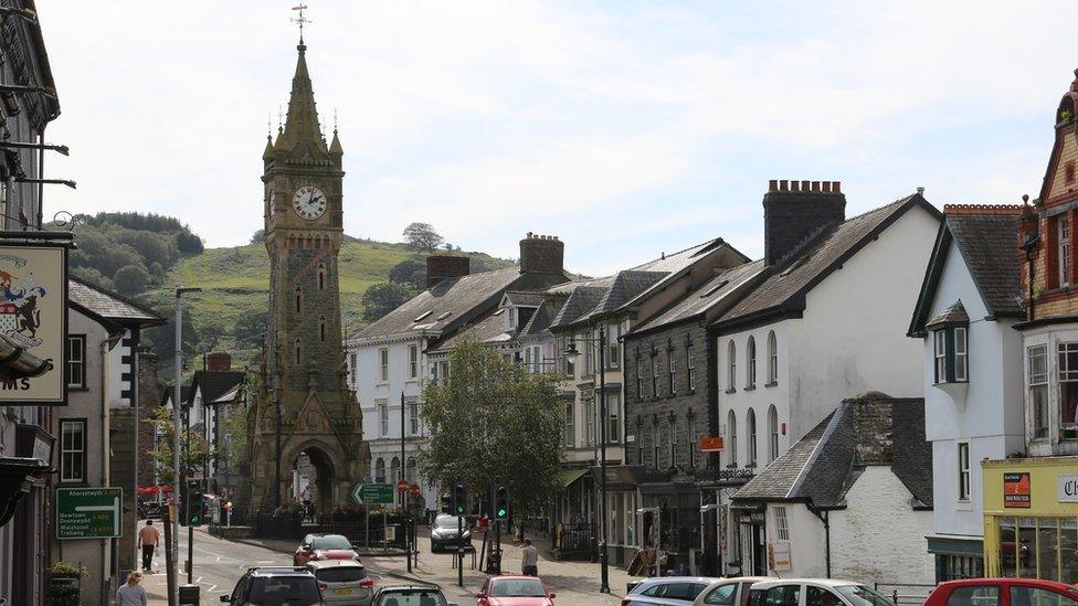 Machynlleth's town clock dominates the skyline of the mid-Wales town