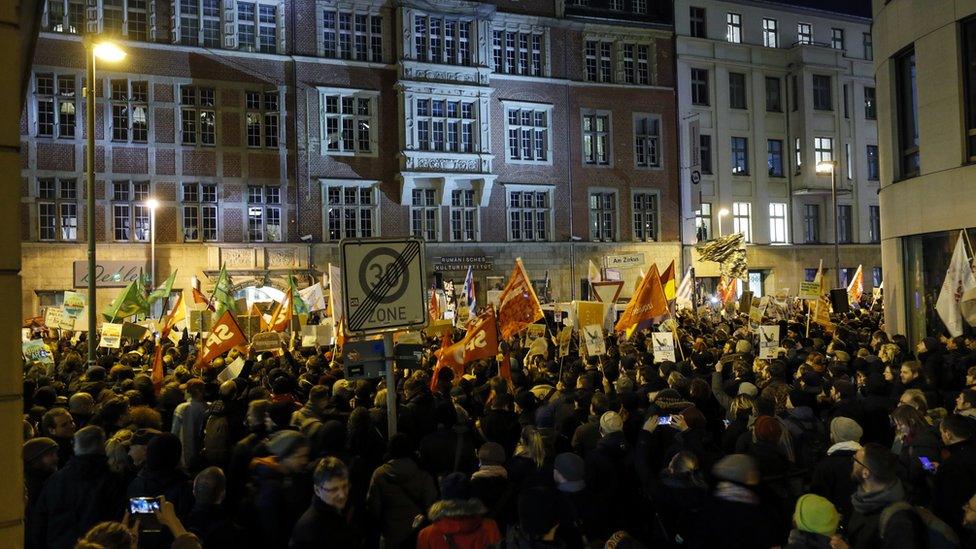 Hundreds of demonstrators protest outside the Free Democratic Party (FDP) headquarters in Berlin,