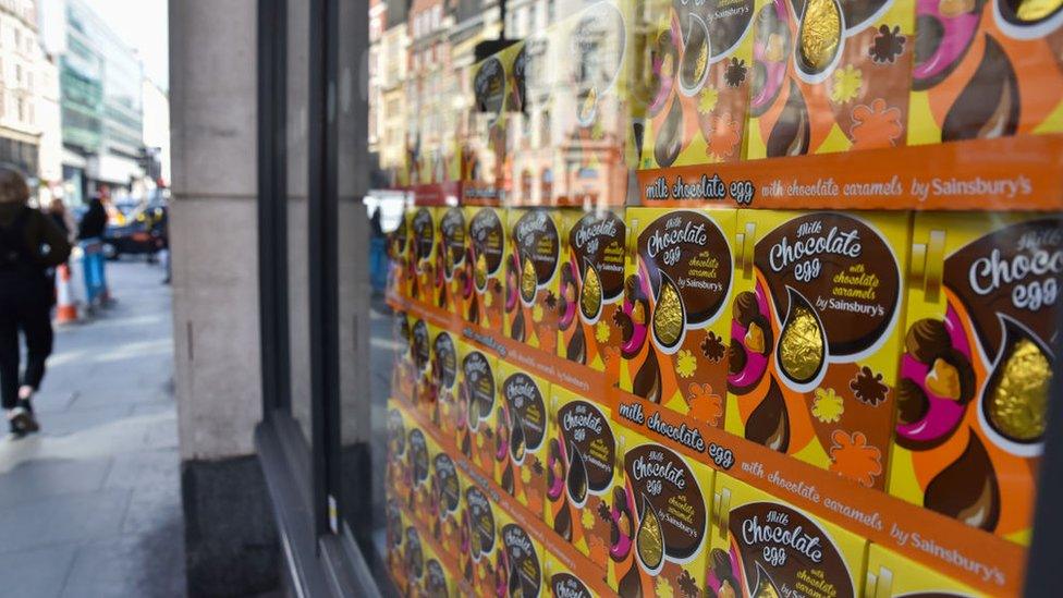 Chocolate eggs in supermarket window