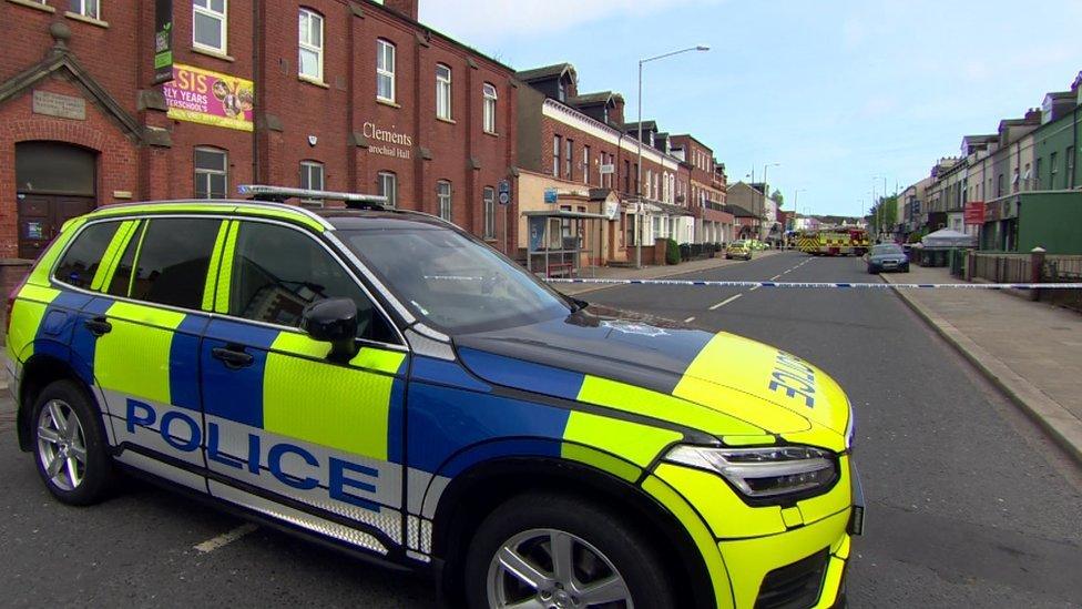 A police 4x4 vehicle parked in front of a police cordon in Castlereagh Street in East Belfast