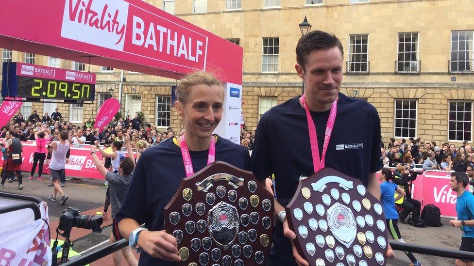 Bath Half winners Ben Fish with a time of 01:05:16 and the fastest female runner Ruth Barnes