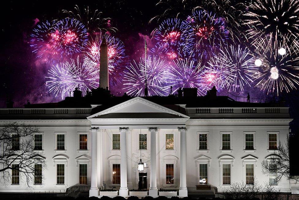 Fireworks are seen above the White House at the end of the Inauguration day for US President Joe Biden in Washington, DC, on 20 January 2021.