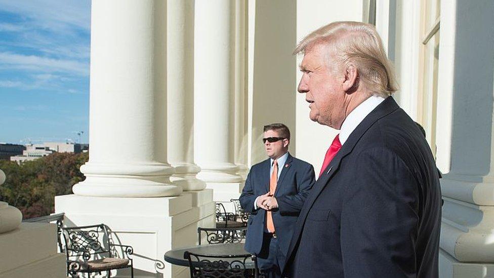 Donald Trump looks out for a balcony on the US Capitol.