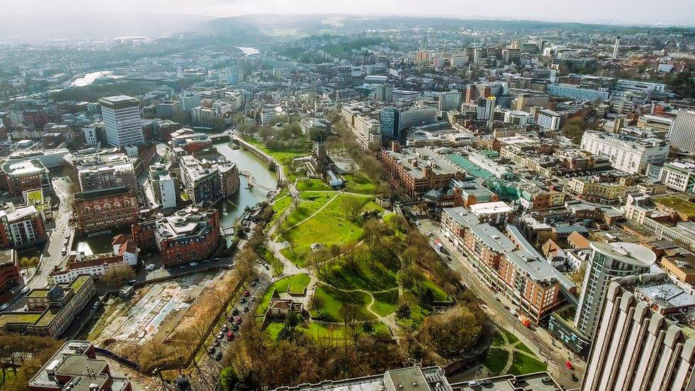 Aerial view and skyline of Bristol City Centre in England