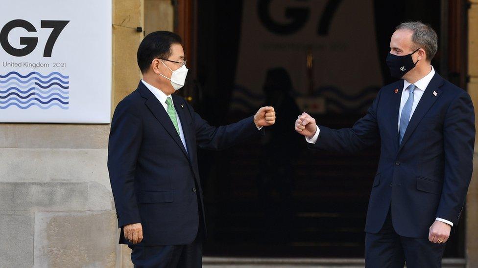 Britain"s Foreign Secretary Dominic Raab welcomes South Korea"s Foreign minister Chung Eui-yong at the G7 foreign ministers meeting in London, Britain