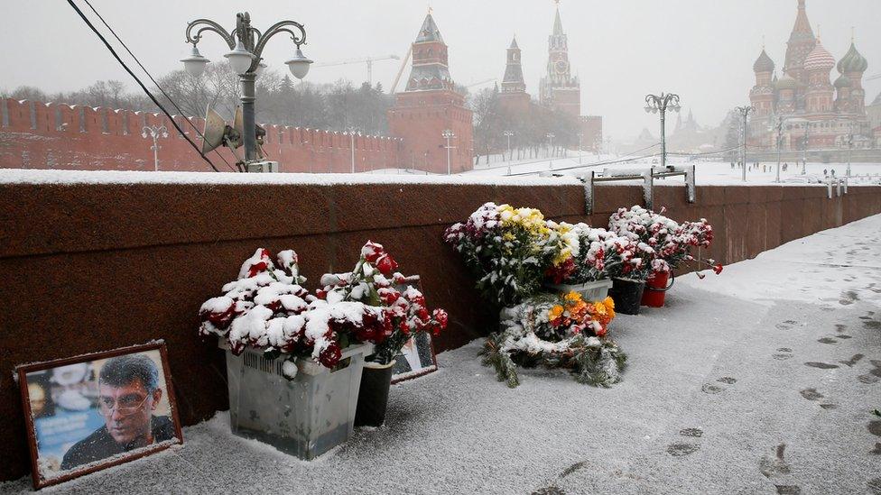 A shrine for Russian opposition politician Boris Nemtsov on Great Moskvoretsky Bridge