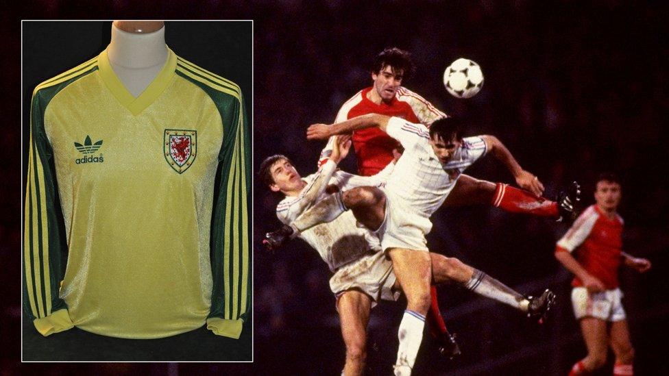 An Adidas away shirt (inset) was worn by defender Kevin Ratcliffe in the early 1980s