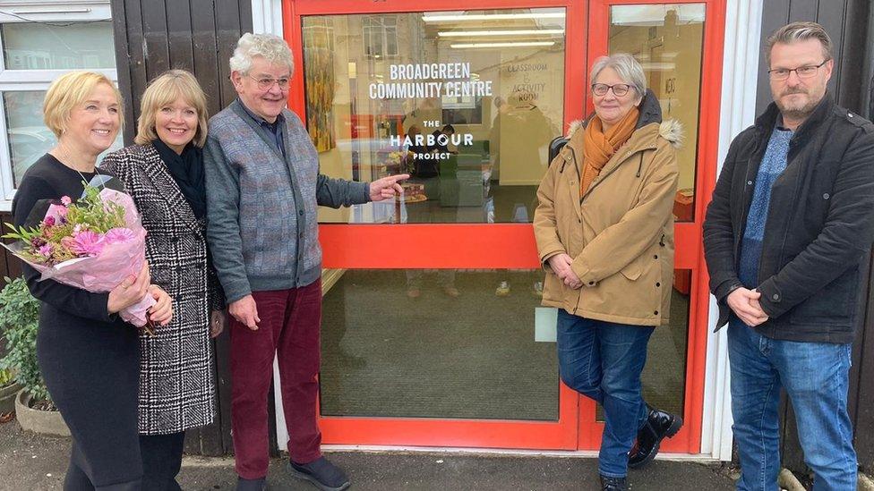 Charity and council members opening the new building - L-R: Claire Garrett (CEO Harbour Project), Nicky Alberry (patron), David Rowland (chair of trustees), Janine Howarth (vice-chair of South Swindon Parish Council), Chris Watts (Chair of South Swindon Parish Council)