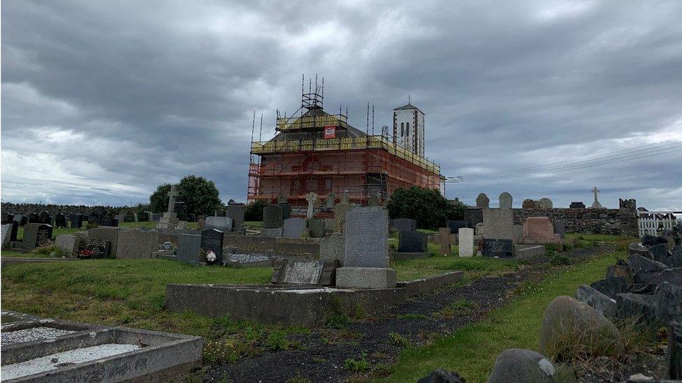 Jurby Church with scaffolding