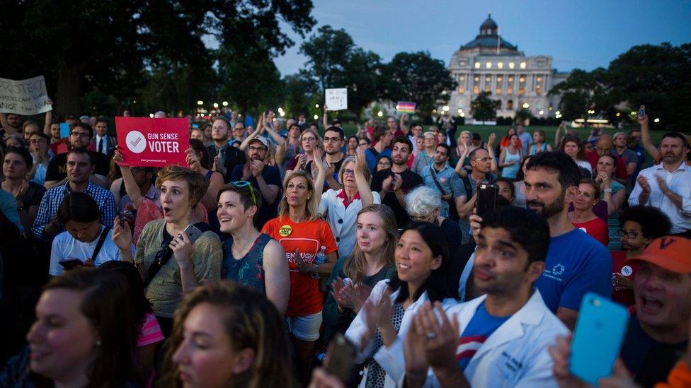 Public supporters of Democratic members of Congress staging a "sit-in" on the House floor to demand a vote on gun restrictions gather on the East Front of the US Capitol in Washington, DC, USA, 22 June 2016.