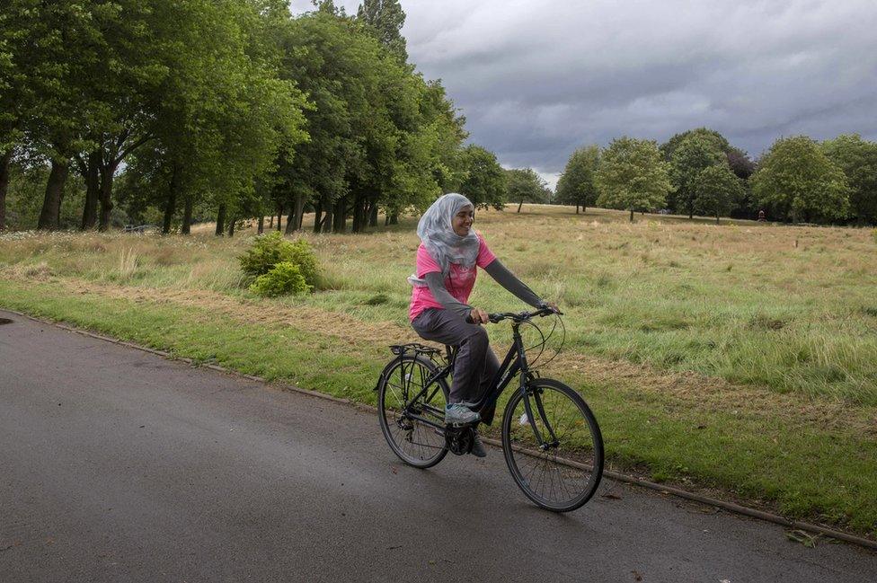 Haseena Aktar riding a bicycle