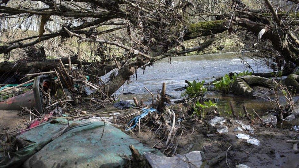 Plastic pollution by the River Wear near Chester-le-Street, UK