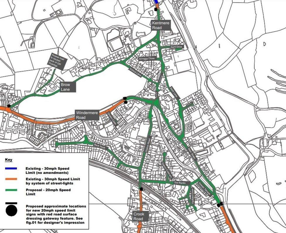 A map showing roads affected by the speed limits